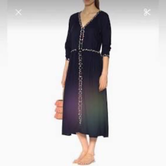 Velvet By Graham & Spenser Lydia Navy Challis Embroidered Trim Midi Dress Sz S - Picture 1 of 9